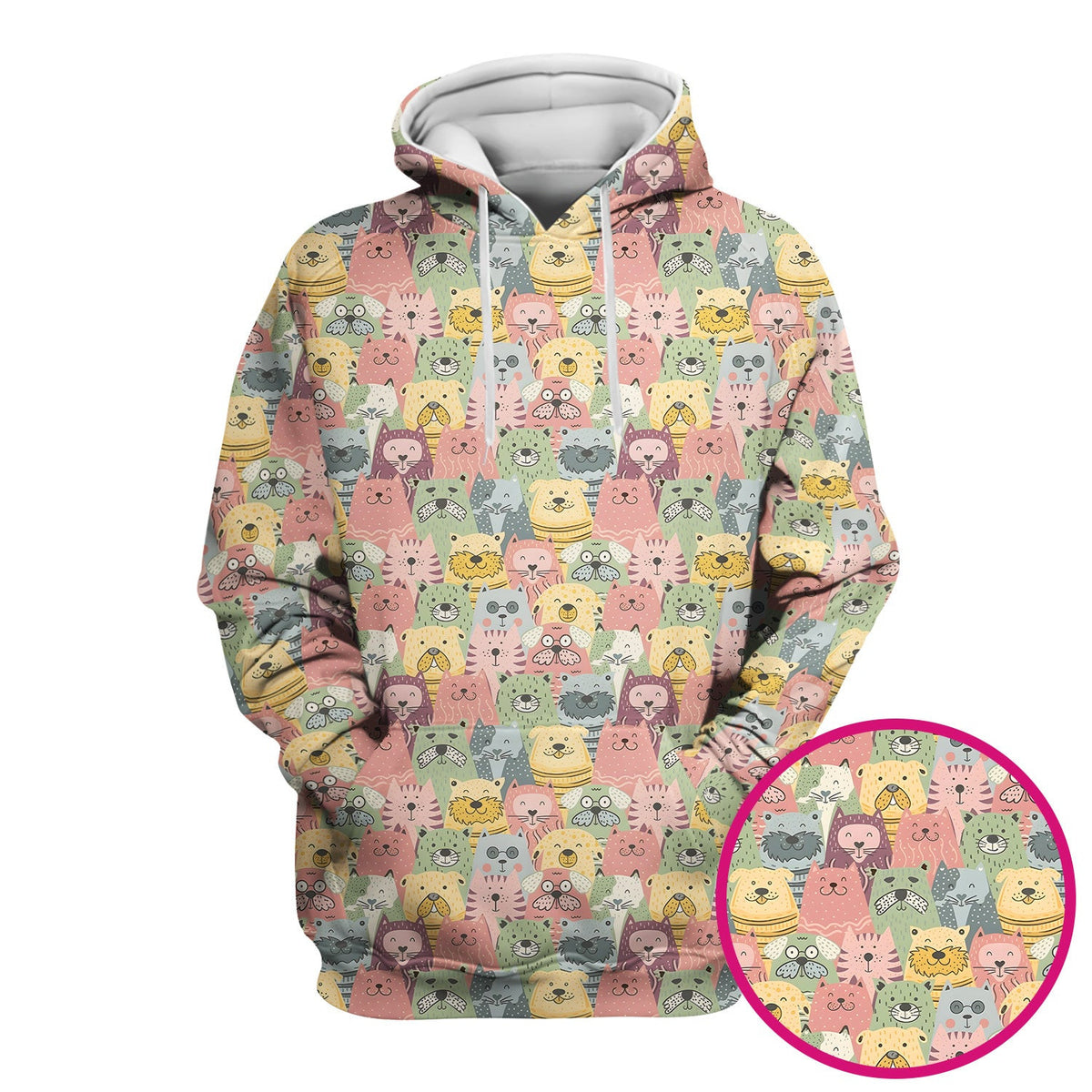 Cartoon Cat & Dog Faces Pattern Scrub Top, Comfortable Scrubs for Nurses