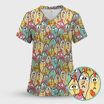 Funny Cartoon Chicken Crowd Pattern Scrub Top, Comfortable Scrubs for Nurses
