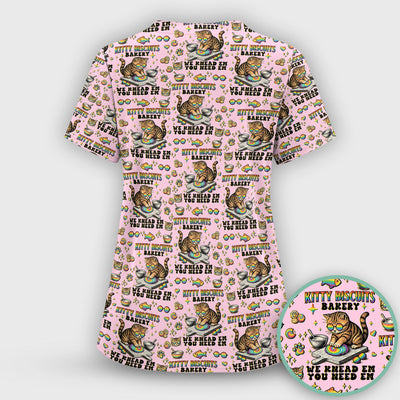 Pride Nurse Cat Baking Rainbow Dough Pattern Scrub Top, Breathable Fabrics Nursing Uniform