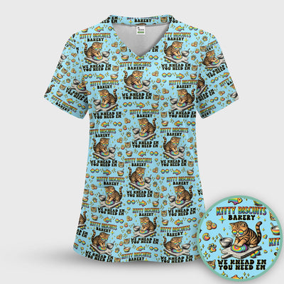 Pride Nurse Cat Baking Rainbow Dough Pattern Scrub Top, Breathable Fabrics Nursing Uniform