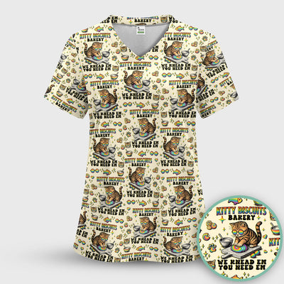 Pride Nurse Cat Baking Rainbow Dough Pattern Scrub Top, Breathable Fabrics Nursing Uniform