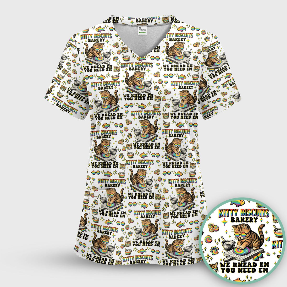 Pride Nurse Cat Baking Rainbow Dough Pattern Scrub Top, Breathable Fabrics Nursing Uniform