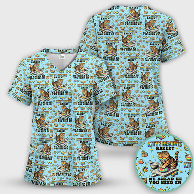 Pride Nurse Cat Baking Rainbow Dough Pattern Scrub Top, Breathable Fabrics Nursing Uniform