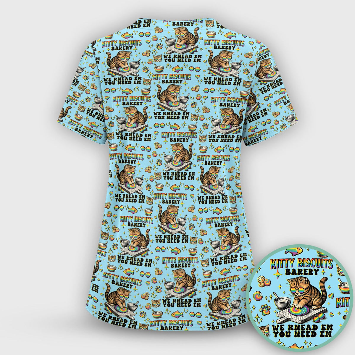 Pride Nurse Cat Baking Rainbow Dough Pattern Scrub Top, Breathable Fabrics Nursing Uniform