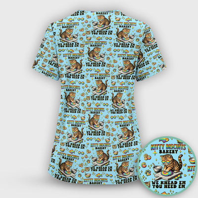 Pride Nurse Cat Baking Rainbow Dough Pattern Scrub Top, Breathable Fabrics Nursing Uniform