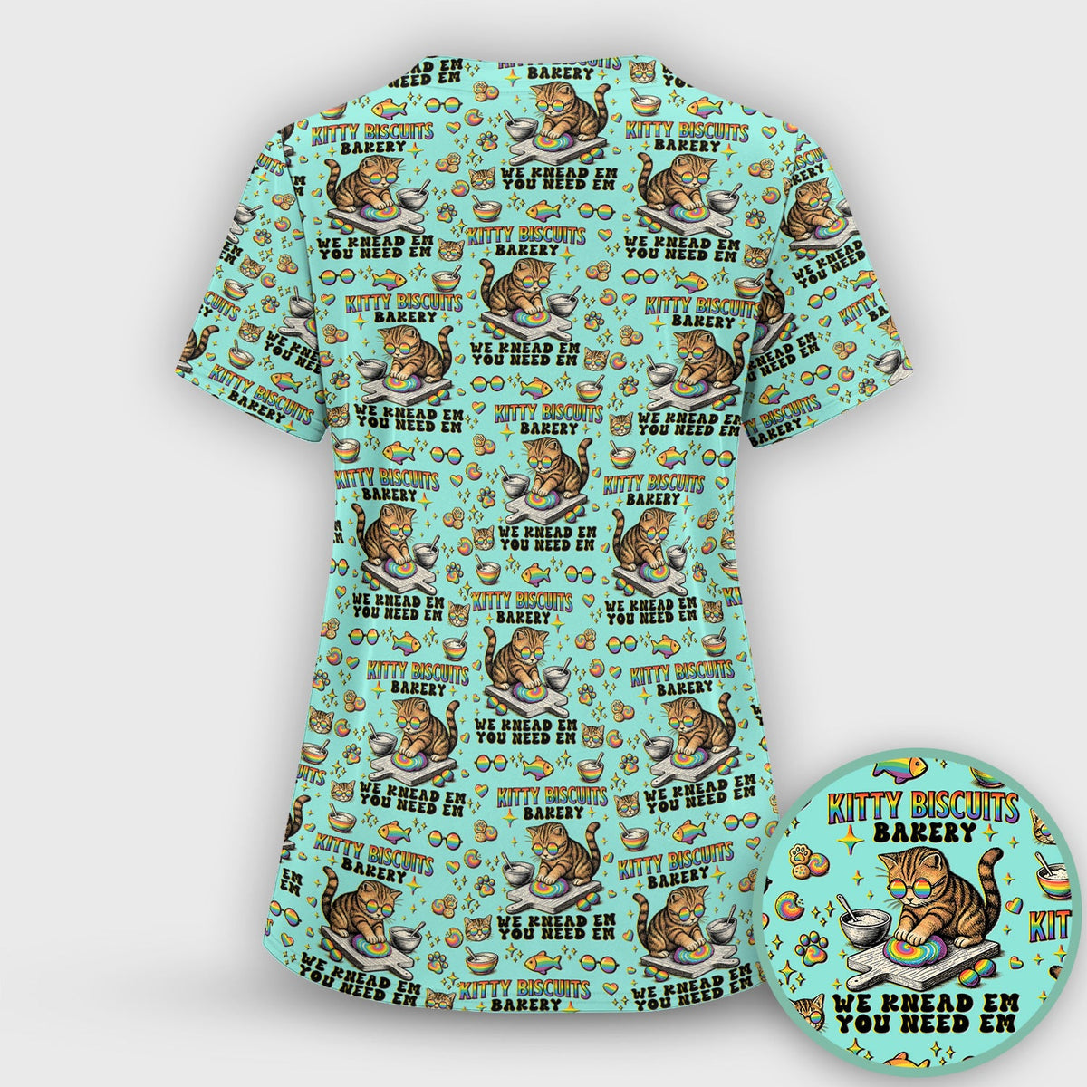 Pride Nurse Cat Baking Rainbow Dough Pattern Scrub Top, Breathable Fabrics Nursing Uniform