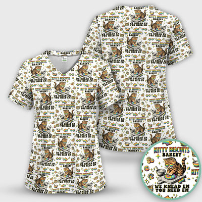 Pride Nurse Cat Baking Rainbow Dough Pattern Scrub Top, Breathable Fabrics Nursing Uniform