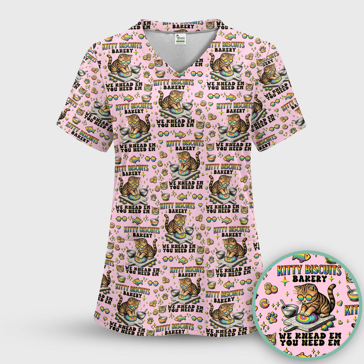 Pride Nurse Cat Baking Rainbow Dough Pattern Scrub Top, Breathable Fabrics Nursing Uniform