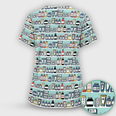 Medicine Bottle Pharmacy Pills Care Pattern Scrub Top, Comfortable Scrubs for Nurses