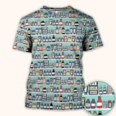 Medicine Bottle Pharmacy Pills Care Pattern Scrub Top, Comfortable Scrubs for Nurses