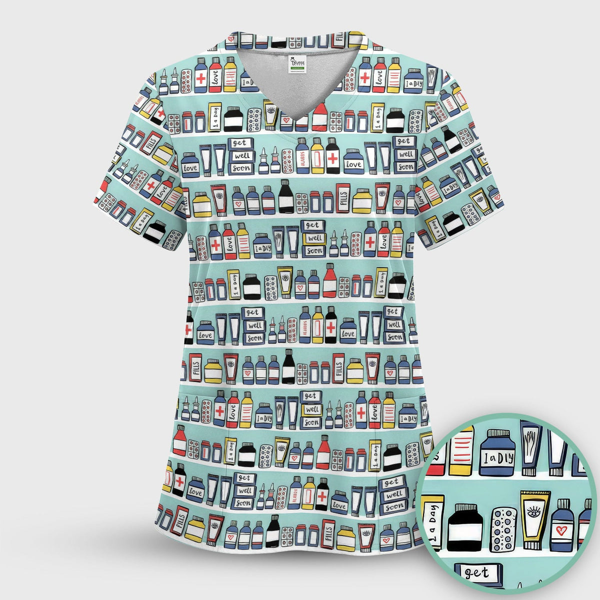 Medicine Bottle Pharmacy Pills Care Pattern Scrub Top, Comfortable Scrubs for Nurses