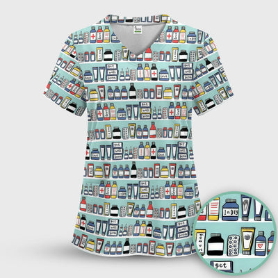 Medicine Bottle Pharmacy Pills Care Pattern Scrub Top, Comfortable Scrubs for Nurses