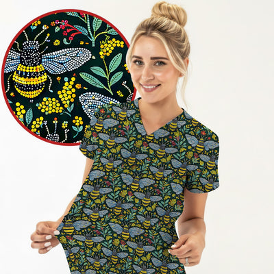 Honey Bee And Wildflower Garden Pattern Scrub Top, Comfortable Scrubs for Nurses