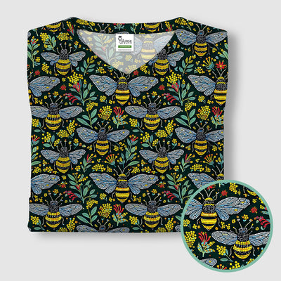 Honey Bee And Wildflower Garden Pattern Scrub Top, Comfortable Scrubs for Nurses