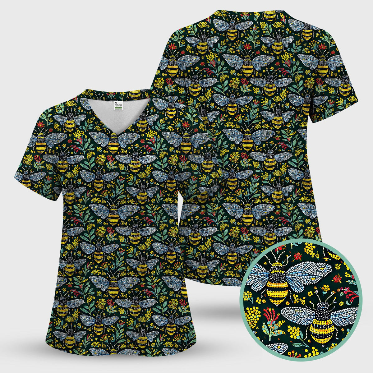 Honey Bee And Wildflower Garden Pattern Scrub Top, Comfortable Scrubs for Nurses