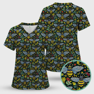 Honey Bee And Wildflower Garden Pattern Scrub Top, Comfortable Scrubs for Nurses