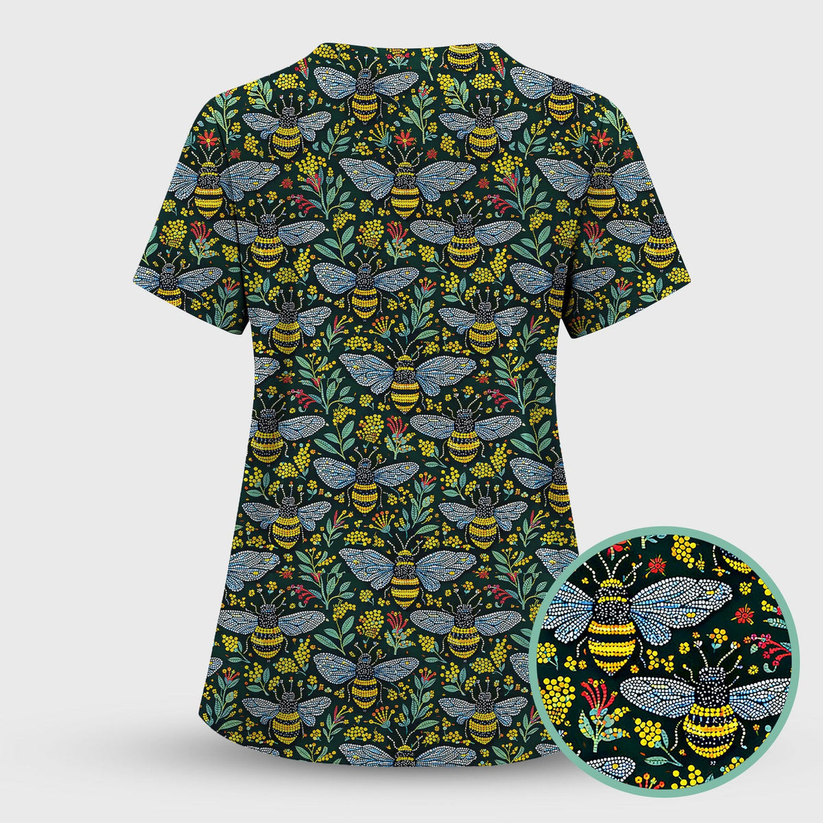 Honey Bee And Wildflower Garden Pattern Scrub Top, Comfortable Scrubs for Nurses