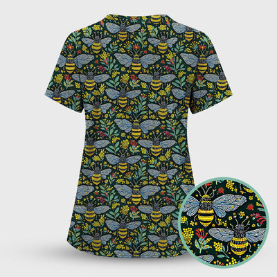 Honey Bee And Wildflower Garden Pattern Scrub Top, Comfortable Scrubs for Nurses