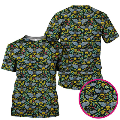 Honey Bee And Wildflower Garden Pattern Scrub Top, Comfortable Scrubs for Nurses