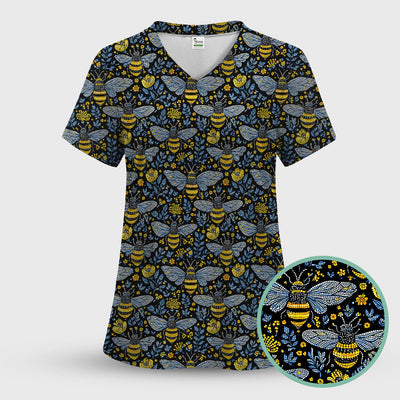 Honey Bee And Wildflower Garden Pattern Scrub Top, Comfortable Scrubs for Nurses