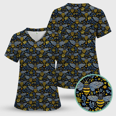 Honey Bee And Wildflower Garden Pattern Scrub Top, Comfortable Scrubs for Nurses