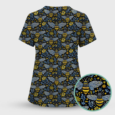 Honey Bee And Wildflower Garden Pattern Scrub Top, Comfortable Scrubs for Nurses
