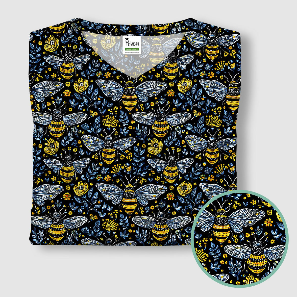 Honey Bee And Wildflower Garden Pattern Scrub Top, Comfortable Scrubs for Nurses