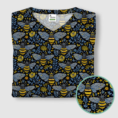 Honey Bee And Wildflower Garden Pattern Scrub Top, Comfortable Scrubs for Nurses