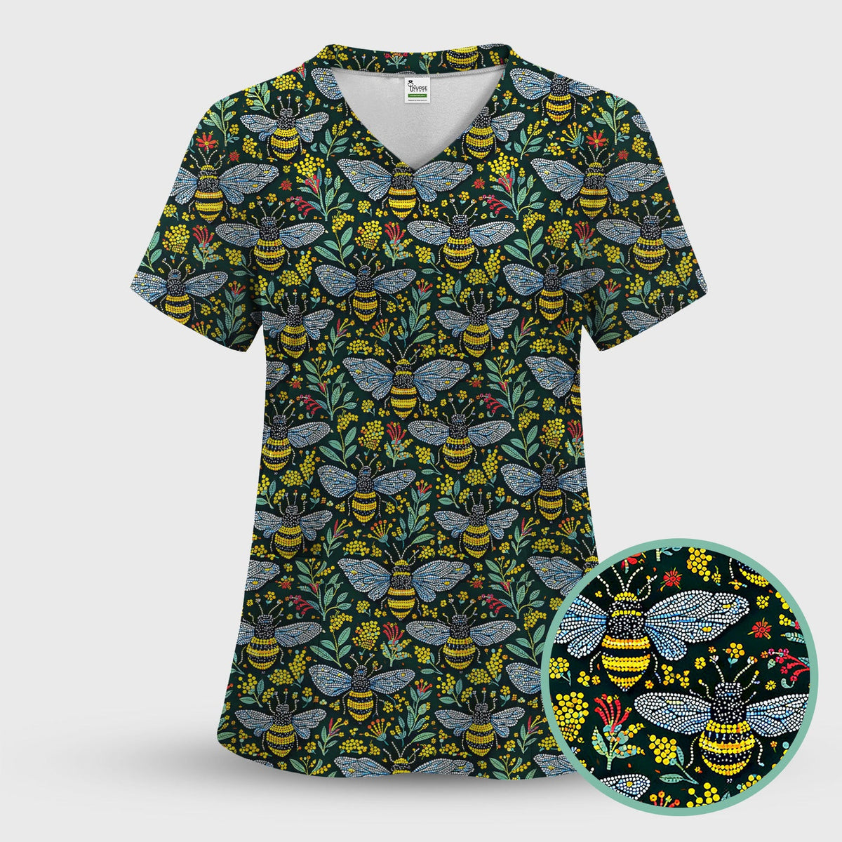 Honey Bee And Wildflower Garden Pattern Scrub Top, Comfortable Scrubs for Nurses