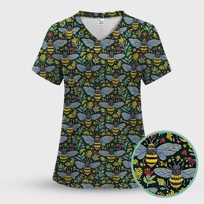 Honey Bee And Wildflower Garden Pattern Scrub Top, Comfortable Scrubs for Nurses