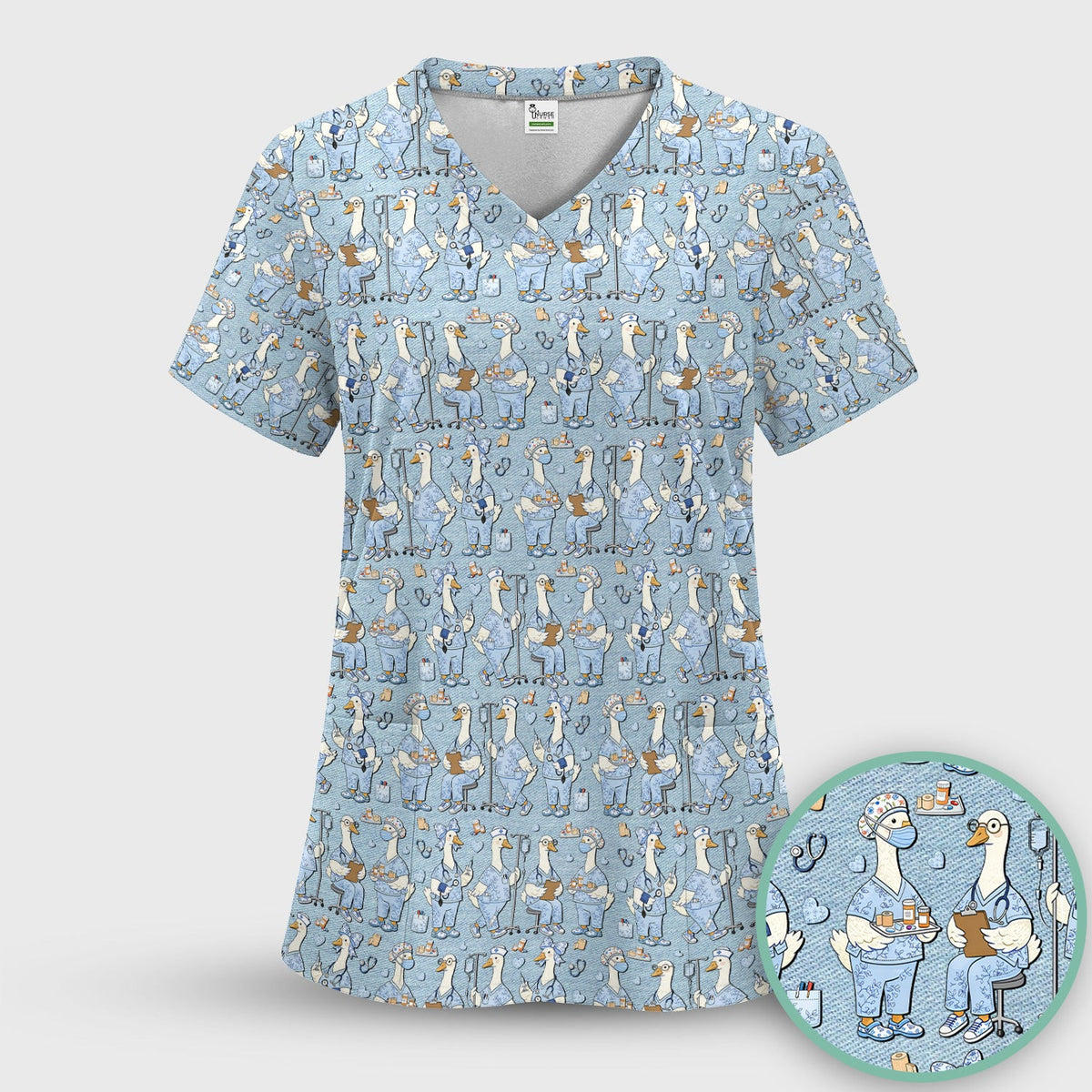 Cute Nurse Goose Working Pattern Scrub Top, Comfortable Scrubs for Nurses