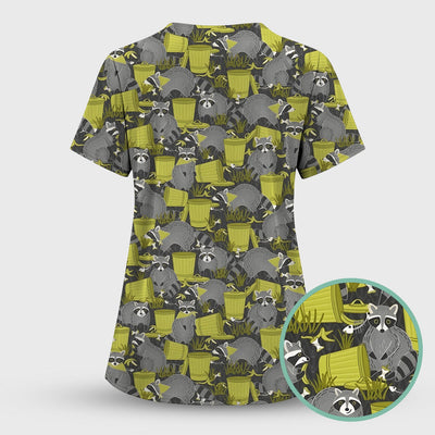 Cute Raccoon Trash Panda Pattern Scrub Top, Comfortable Scrubs for Nurses