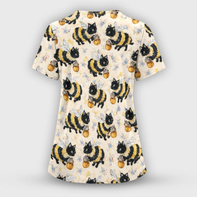 Adorable Nurse Bumblebee Cat Honey Jar Winged Pattern Scrub Top, Comfortable Scrubs for Nurses
