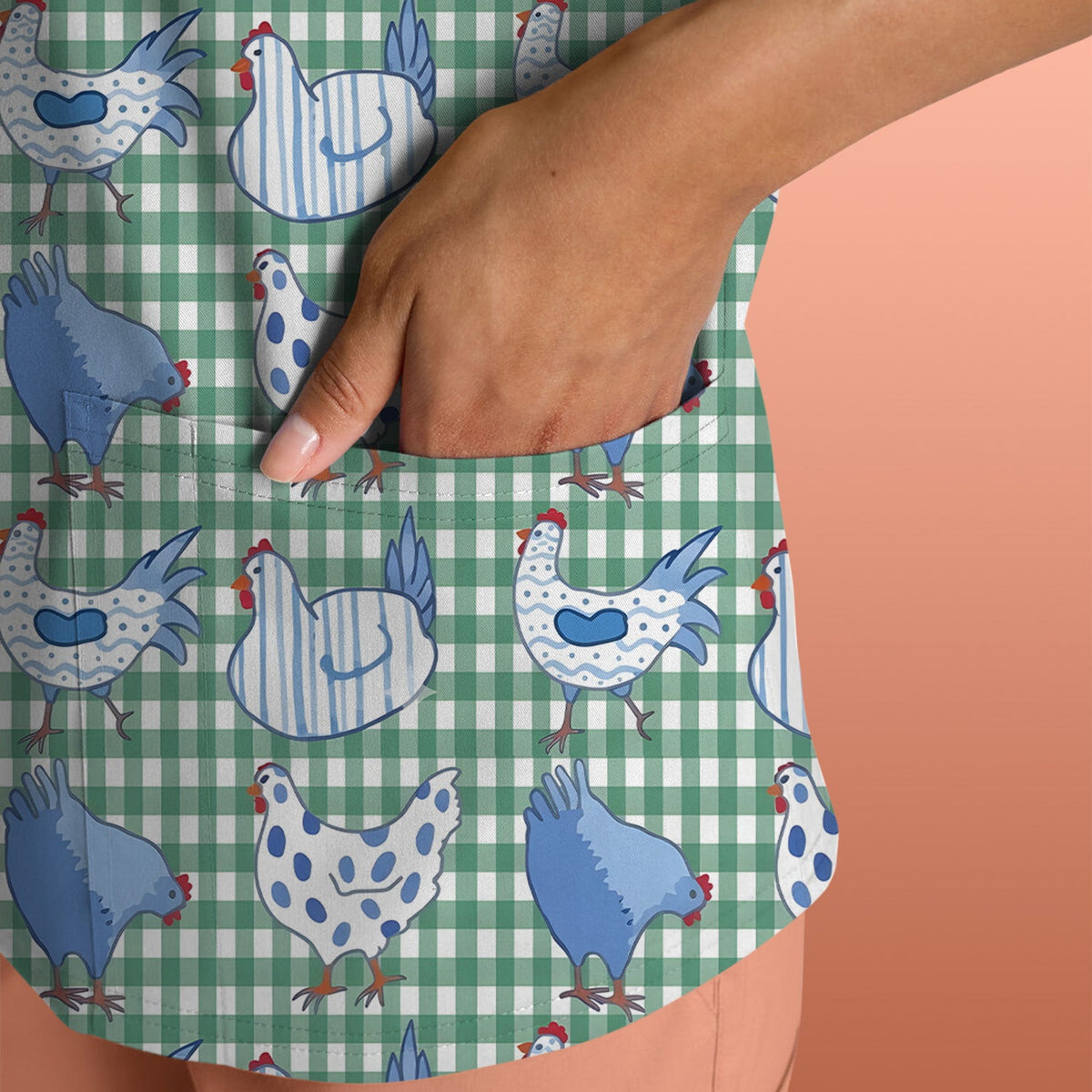 Blue Chicken Gingham Pattern Scrub Top, Comfortable Scrubs for Nurses