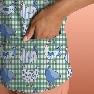 Blue Chicken Gingham Pattern Scrub Top, Comfortable Scrubs for Nurses