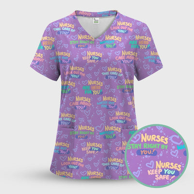 Inspirational Nurse Quote Care Message Pattern Scrub Top, Comfortable Scrubs for Nurses