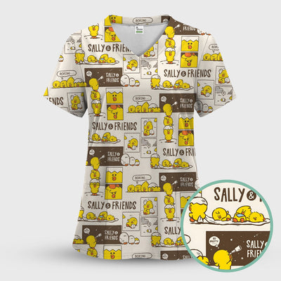 Cute Cartoon Chick Comic Pattern Scrub Top, Comfortable Scrubs for Nurses