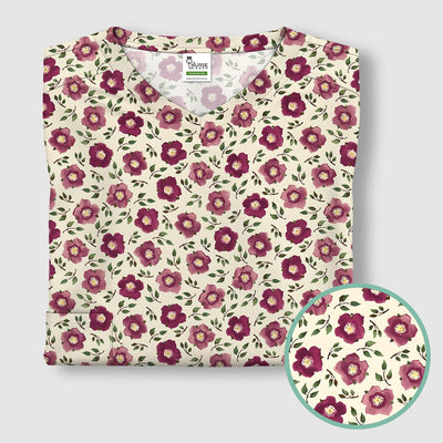 Purple Floral Blossom Leaf Pattern Scrub Top, Comfortable Scrubs for Nurses