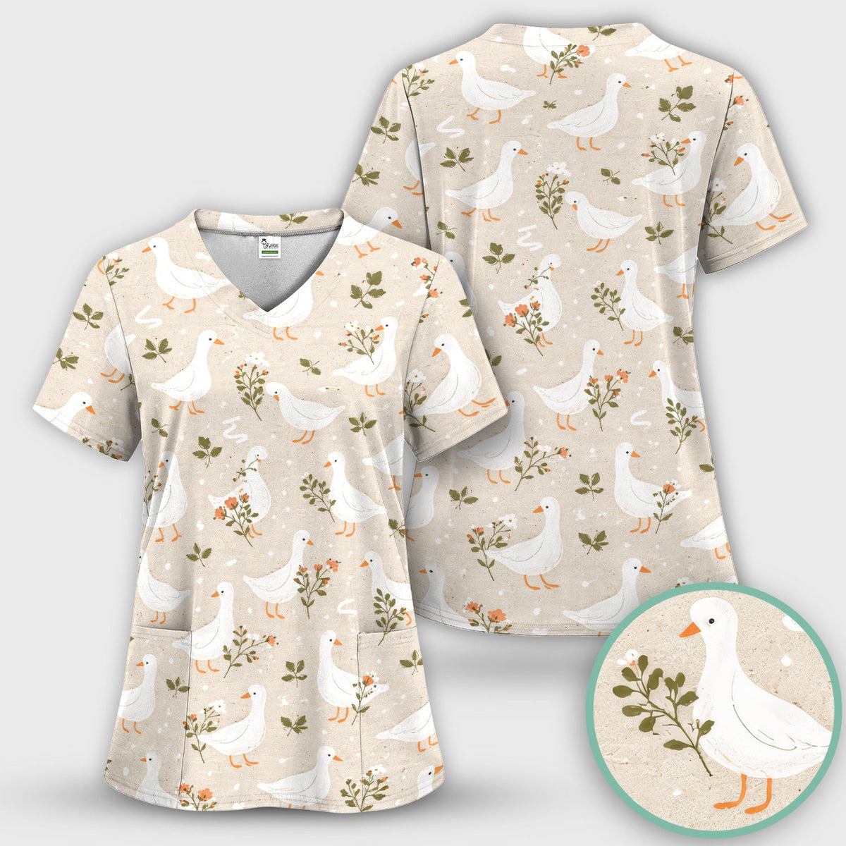 White Goose Floral Meadow Pattern Scrub Top, Comfortable Scrubs for Nurses