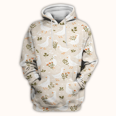 White Goose Floral Meadow Pattern Scrub Top, Comfortable Scrubs for Nurses