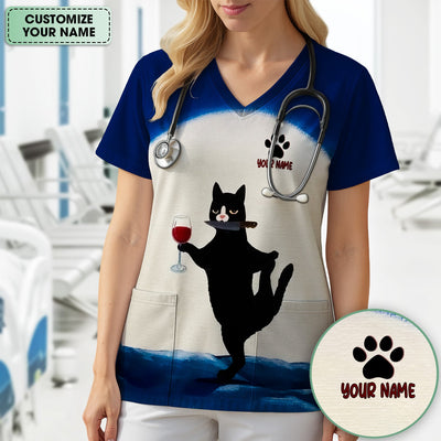 Personalized Funny Cat Holding Wine Glass Knife Pose Pattern Scrub Top, Comfortable Scrubs for Nurses