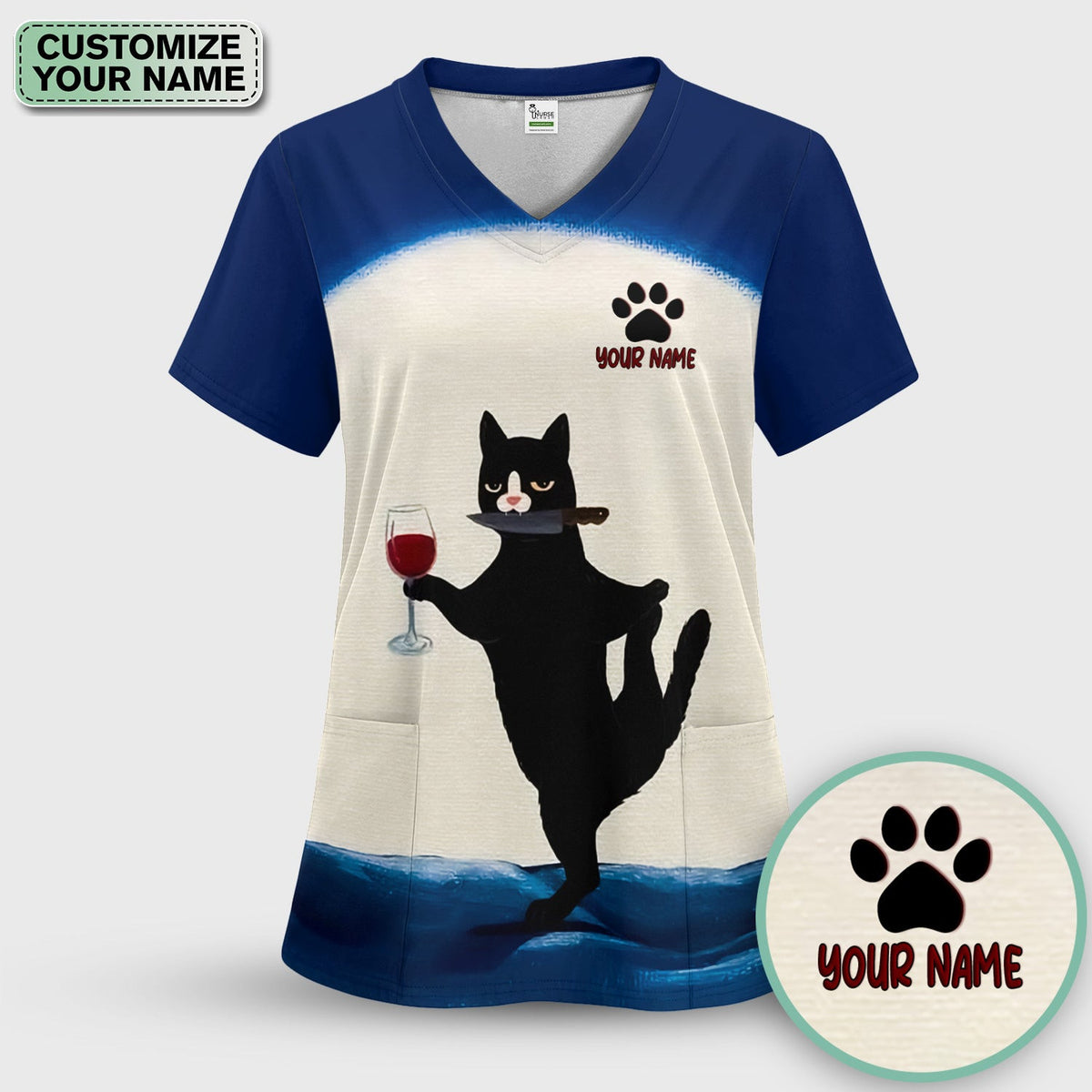 Personalized Funny Cat Holding Wine Glass Knife Pose Pattern Scrub Top, Comfortable Scrubs for Nurses