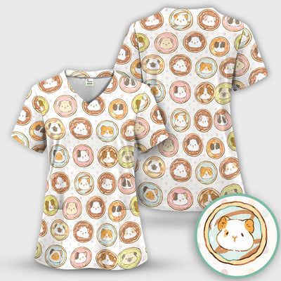 Cute Guinea Pig Donut Circle Pattern Scrub Top, Comfortable Scrubs for Nurses