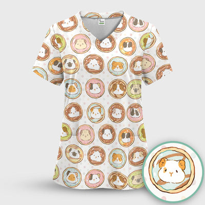 Cute Guinea Pig Donut Circle Pattern Scrub Top, Comfortable Scrubs for Nurses