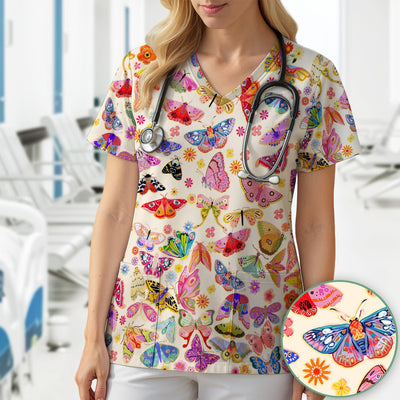 Colorful Butterfly Floral Pattern Scrub Top, Comfortable Scrubs for Nurses