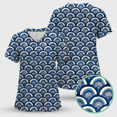 Blue Seashell Pattern Scrub Top for Women, Breathable Nursing Uniform