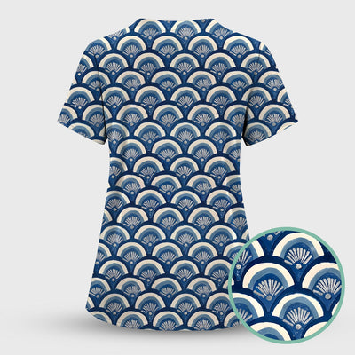 Blue Seashell Pattern Scrub Top for Women, Breathable Nursing Uniform