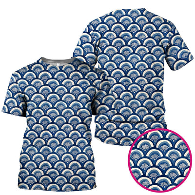 Blue Seashell Pattern Scrub Top for Women, Breathable Nursing Uniform