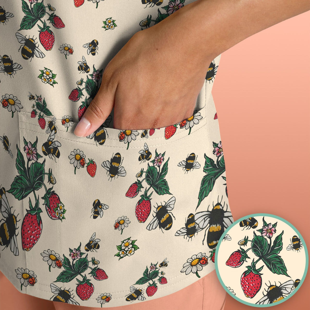 Cute Strawberry Bee Daisy Floral Pattern Scrub Top, Comfortable Scrubs for Nurses