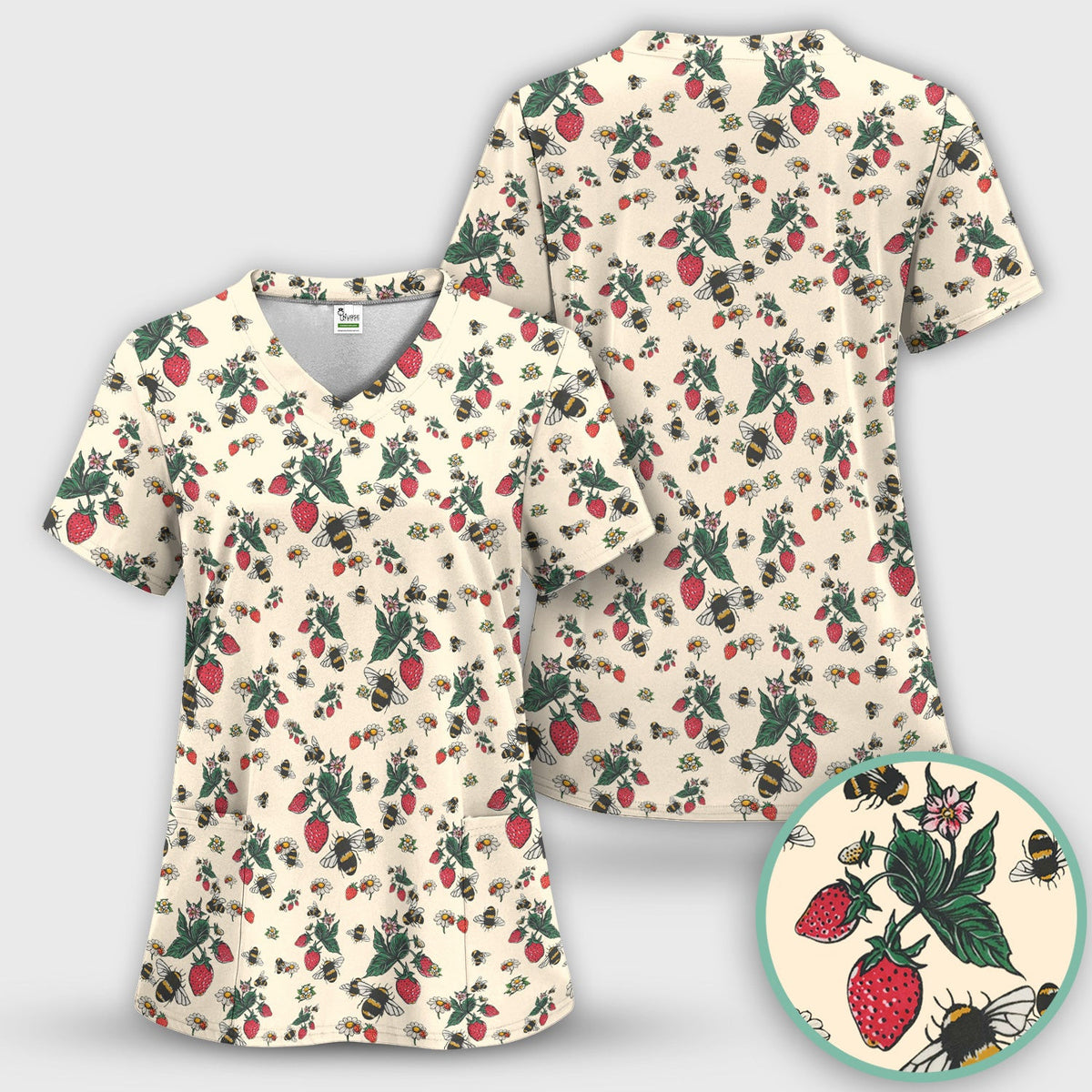 Cute Strawberry Bee Daisy Floral Pattern Scrub Top, Comfortable Scrubs for Nurses